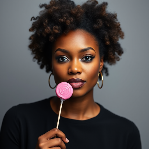 Create a high-resolution portrait of a woman with an afro hairstyle holding a pink lollipop, shot with a 50mm lens at f/1.8 aperture, ISO 200, in soft studio lighting, front view, using a DSLR camera.