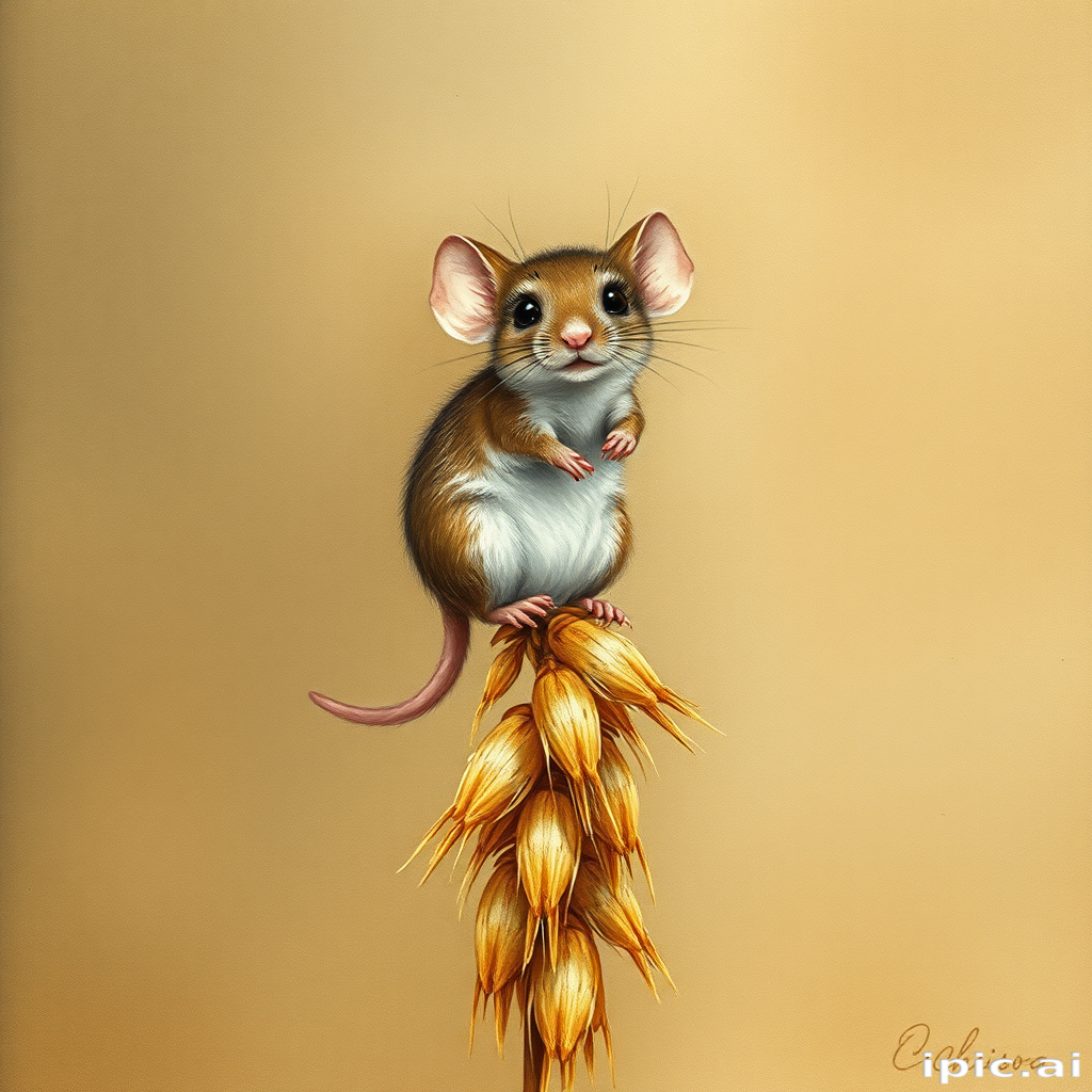 Soft, muted Alcohol Ink with ebru effect background image of tiny whimsical mousey, who climbed high on the top of a golden rye ear.