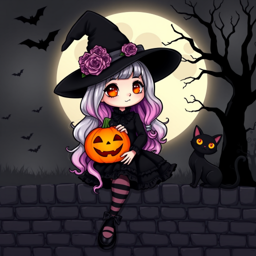 A cute, gothic-style cartoon of a young witch resembling Wednesday Addams sitting on a brick wall under a full moon. She has long wavy hair with silver, pink, and purple ombre highlights, and wears a classic black witch hat decorated with a pumpkin and roses. She is dressed in a black frilly dress with striped stockings and black shoes. A glowing Jack-o'-lantern sits beside her, and a black cat with glowing orange eyes is next to her. The background features a large moon, silhouetted bats, and a spooky tree, with a soft monochrome and slightly glowing effect, creating a magical Halloween atmosphere.
