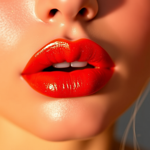 Fiery orange-red lips with a vinyl finish, dubbed "Lava Flow," featuring a subtle gradient effect and fine golden shimmer for a molten, smoldering appearance