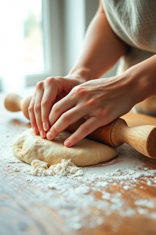 Close-up of a pair of hands kneading dough on a floured wooden surface, soft light from a nearby window illuminating the flour dust and the rolling pin resting beside the dough.