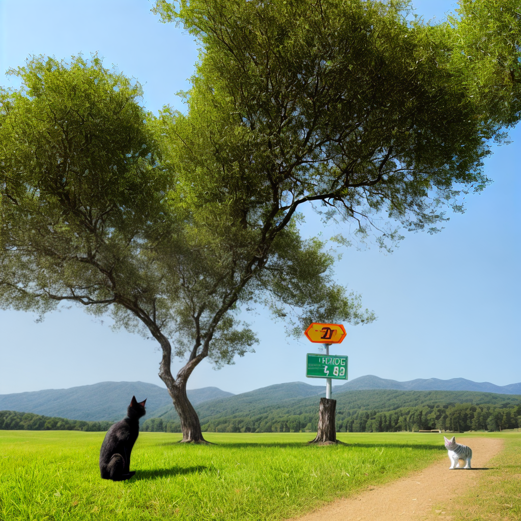 Robotic cat stands next to directions sign