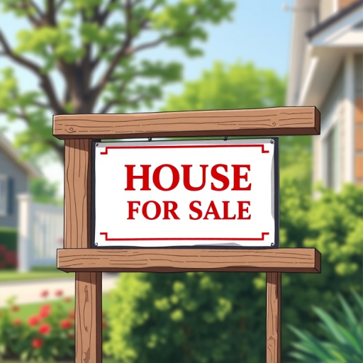 Create a detailed illustration of a "House for Sale" sign on a wooden frame, shot in natural daylight with a DSLR camera at f/8, 1/250s, ISO 200, with a slight bokeh effect to emphasize the sign and a wide-angle view to capture the setting around it.