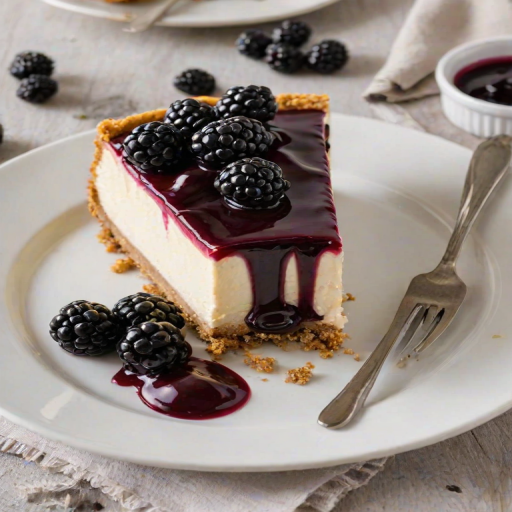 Create an image of a slice of cheesecake with a creamy white filling and a graham cracker crust. The top is covered with a glossy blackberry sauce and garnished with fresh blackberries. The setting should be bright and inviting, with the cheesecake displayed on a white plate and a fork beside it.