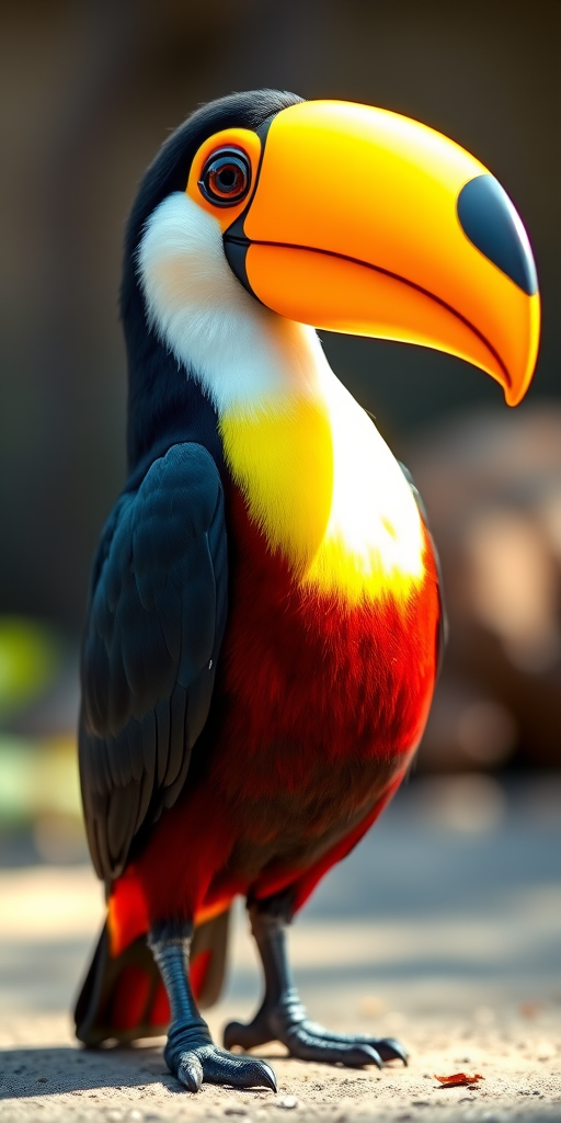 A vibrant cartoon-style toucan standing upright with a glossy black body and bright yellow beak, captured in soft natural light, 50mm lens, aperture f/2.8, ISO 100, shallow depth of field, high-resolution digital camera.