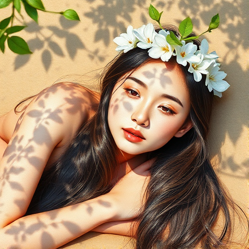 create a watercolor painting of an ethereal portrait of beautiful Tibetan woman with a simple white flower crown on her head. Her hair is long and she is lying on the ground. The sunlight on the trees casts shadows from the leaves on her face and body. The background is a neutral brown color that matches her skin tone. The image is minimalist and solid colors. This style is characterized by soft, delicate brushstrokes and a light, airy, contrasting color palette. High level of detail and play of light