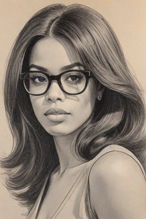 Elegant Aaliyah, pencil sketch, portrait of Appealing woman 1960s in glasses, hair style beatnik, outline, clear lines, fine lines, 8k