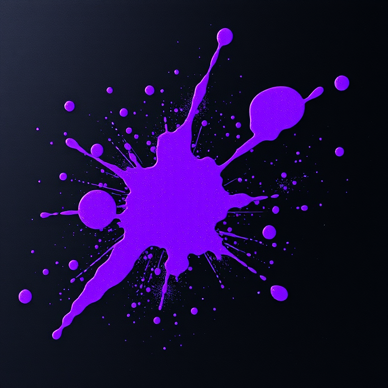 create an abstract image of vibrant purple paint splatters on a black background, using a DSLR camera with a 50mm lens at f/2.8, ISO 100, and a shutter speed of 1/250s, capturing a top-down view with natural light to enhance color saturation and detail.