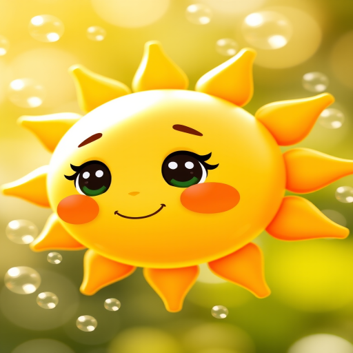Create a cute illustrated sun character with a friendly face, soft yellow and orange hues, surrounded by sparkling bubbles, shot with a DSLR camera at f/2.8, ISO 100, 50mm lens, bright and vibrant colors, soft focus background.