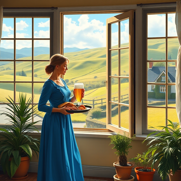 In "A Glass of Beer on the Highland," a serene scene is depicted in a sunlit room where a woman in a vibrant blue dress stands by a large window. She holds a tray with a hearty meal and a frothy glass of beer, embodying a moment of relaxation. Outside, the breathtaking highland landscape features rolling green hills and a charming traditional house, all bathed in warm afternoon light. The interior is adorned with potted plants, creating a harmonious blend of comfort and nature. The painting beautifully captures the tranquility and joy found in simple pleasures amidst stunning scenery