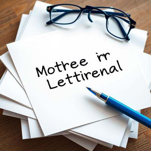 Regenerate an image of a motivational letter with a blue pen and glasses on a stack of neatly arranged papers, using a DSLR camera with a 50mm lens, aperture set to f/2.8, ISO 100, natural lighting, a shallow depth of field, and a top-down view to enhance clarity and focus on the text.