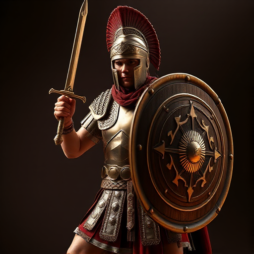 Create a realistic 3D rendering of a Roman soldier, wearing traditional armor with a detailed shield and sword, captured in a dynamic fighting stance under dramatic lighting, using a 50mm lens, f/2.8 aperture, ISO 100, at a low angle with a depth of field effect, in a studio setting to enhance clarity and detail.