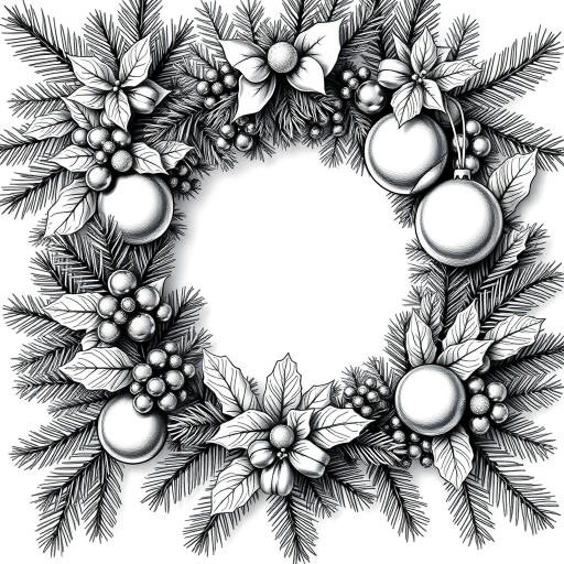 Create a detailed black and white illustration of a festive wreath featuring pine branches, holly leaves, and decorative ornaments, captured with a DSLR camera at f/2.8, ISO 100, 50mm lens, natural light, top-down view to enhance texture and depth.