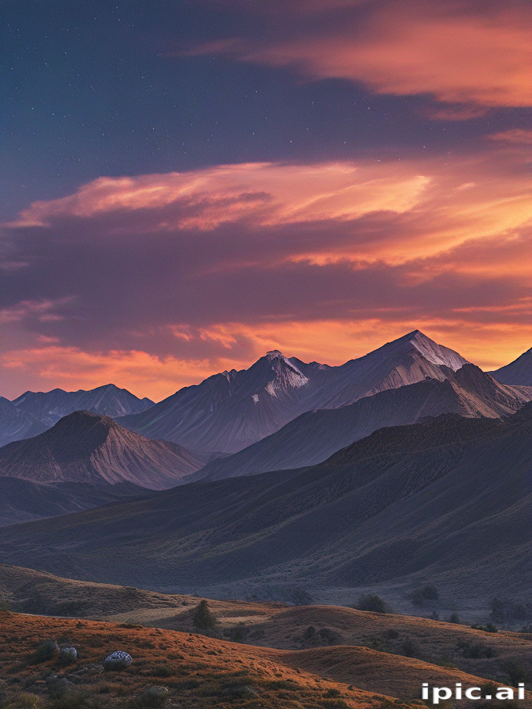 Majestic Mountain Landscape Under a Colorful Sunset Sky at Dusk