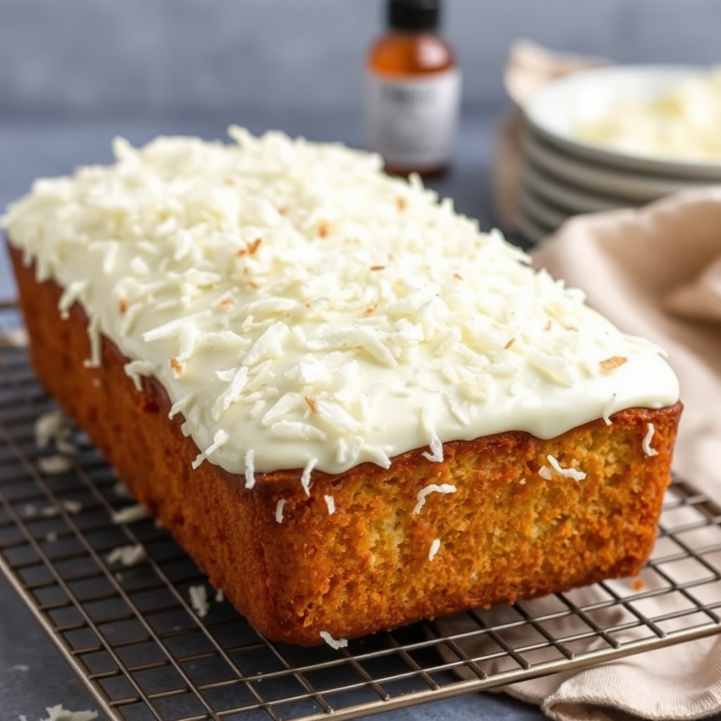 A beautifully decorated coconut loaf cake with a fluffy white frosting topped with shredded coconut on a wire rack with a light beige cloth and a small bottle of flavoring in the background.