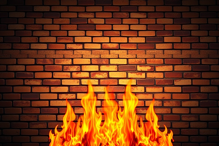 Create a high-resolution illustration of a brick wall with vibrant flames in front, using a Canon EOS 5D Mark IV with a 50mm lens at f/1.8, ISO 100, and a soft-focus background to enhance the details and maintain clarity.