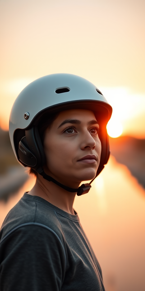 generate a serene portrait of a person wearing a white helmet, gazing thoughtfully towards a sunset over a calm river, soft bokeh in the background, aperture f/2.8, ISO 100, shutter speed 1/60s, 85mm lens, shallow depth of field, natural light, taken with a DSLR camera.