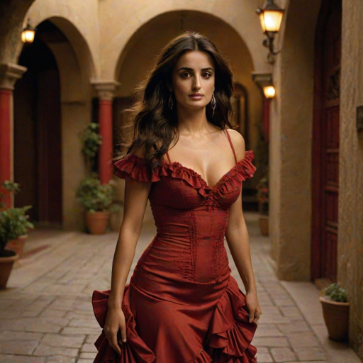 Alluring photograph of Penelope Cruz, celebrated for her performances in "Vicky Cristina Barcelona" and "Volver," capturing her sultry gaze, long dark hair, and full lips, dressed in a flamenco-inspired red dress with ruffles, posed gracefully in a dimly lit Spanish courtyard.