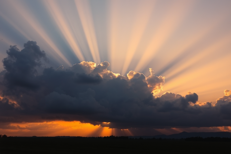 Capture a dramatic sunset with rays of light emanating from behind dark clouds, using a DSLR camera set to f/8 aperture, ISO 100, 1/250 sec shutter speed, with a wide-angle lens at a 24mm focal length, and a golden hour perspective.