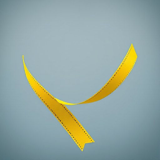 Create a high-resolution image of a yellow ribbon with dashed edges, shot with a Canon EOS R5, 50mm lens, aperture f/2.8, ISO 100, and a soft-focused background to enhance the ribbon's texture and color.