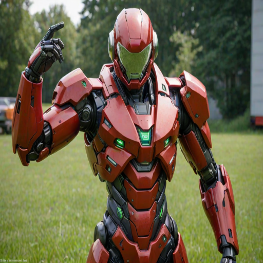 green grass, red plugsuit, light smile, hands behind the head, from side,  dutch angle, mecha in background