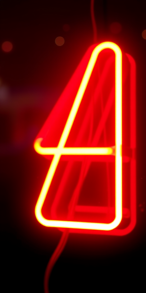 Create an image of a glowing neon number 4 with a bright red and yellow color scheme, captured with a DSLR camera at f/2.8 aperture, 50mm focal length, ISO 100, with a shallow depth of field for enhanced sharpness against a dark background.