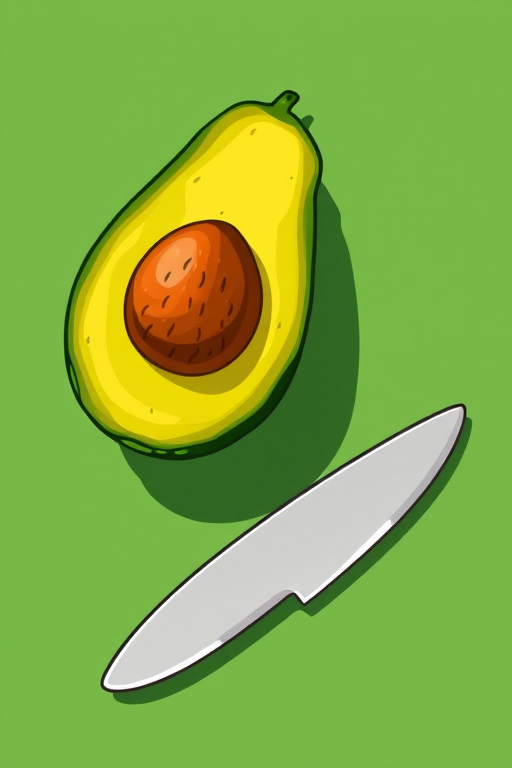 Create a high-resolution illustration of a cartoonish avocado with a knife beside it on a solid green background, using a Canon EOS R5, 50mm lens, f/2.8, ISO 100, 1/200s, top-down view, digital illustration style.