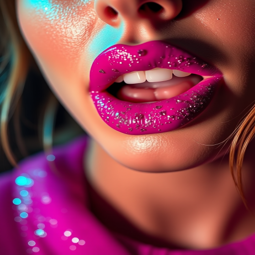 Vibrant fuchsia lips adorned with glitter accents, creating a bold and playful look, photographed in dramatic lighting to emphasize the sparkle and shine