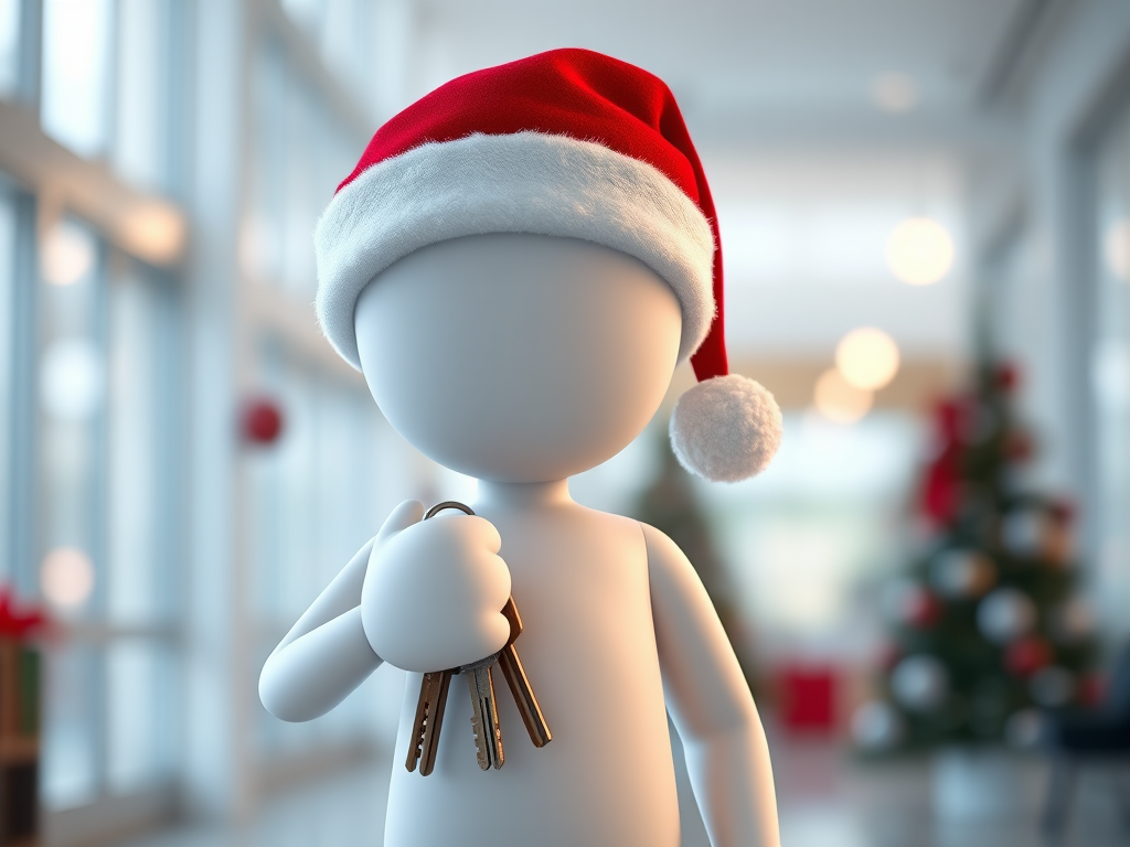 3D character model of a white humanoid figure wearing a red and silver Santa hat, holding a set of keys, standing in a bright, well-lit environment, Canon EOS R5, 50mm f/1.2 lens, aperture f/8, ISO 100, natural lighting, shallow depth of field.