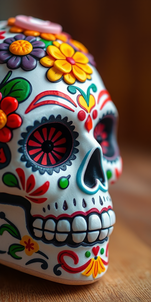 Create a vibrant close-up of a colorful sugar skull decorated with flowers and intricate patterns, with soft bokeh in the background, using a DSLR camera, f/1.8 aperture, ISO 200, 50mm lens, natural light for enhanced color saturation and detail.