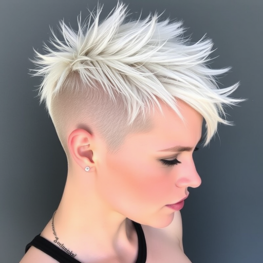 Icy platinum blonde pixie with "Frost Bite" flair features textured spikes and a dramatic undercut for edgy appeal