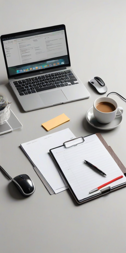 illustration of a minimalist workspace featuring a laptop, clipboard with notes, a coffee cup, a smartphone, and a computer mouse on a light gray background