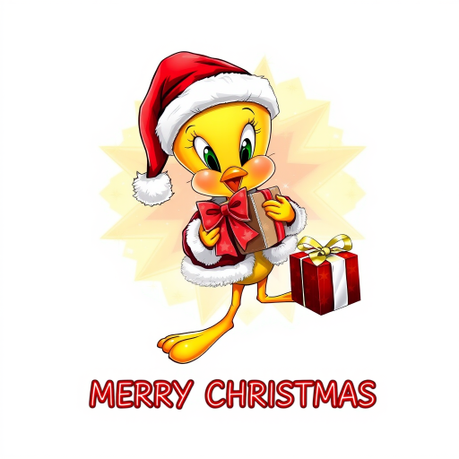 Merry Christmas” cosmic star art tweety bird wearing a Christmas hat and Santa jacket holding gift with a big bow tweety bird is extremely detailed and vibrant behind her is star cosmic design on white background that’s all Christmas colors red green white the words “MERRY CHRISTMAS” is written at the bottom in red electric font outline in black 3000dpi 32k
