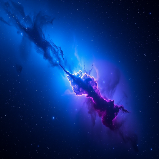 Create a high-resolution image of a nebula with vibrant blue and purple hues, captured with a Canon EOS R5, 50mm lens, f/2.8 aperture, ISO 800, 15-second exposure, and a deep-space astrophotography style.
