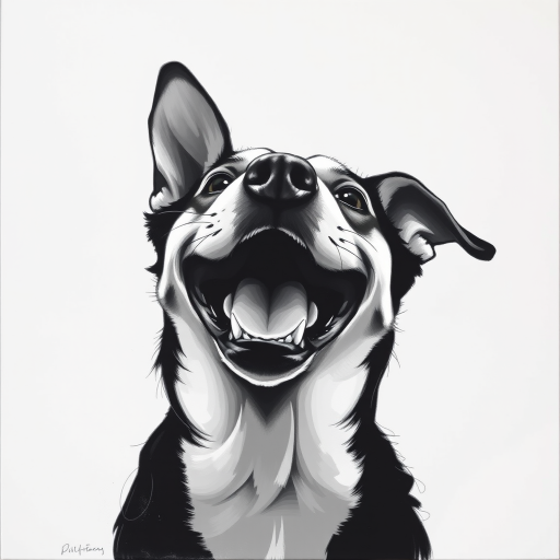 Abstract black and white acrylic portrait of an over exaggerated laughing (dog). Minimalism style. White background.