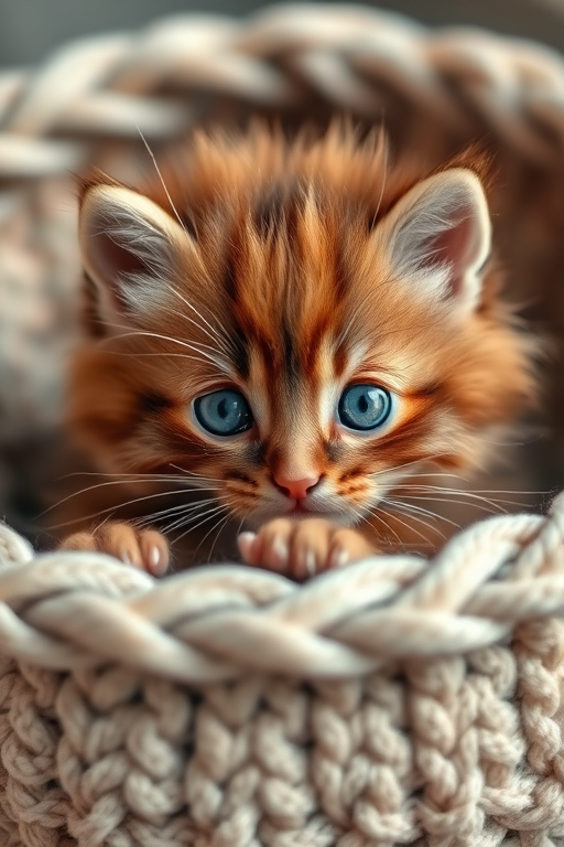 Capture a close-up image of a fluffy brown kitten with striking blue eyes resting in a knitted basket, using a Canon EOS R5 with a 50mm f/1.2 lens, aperture set to f/1.8, ISO 200, and a soft natural light to enhance the details and textures.