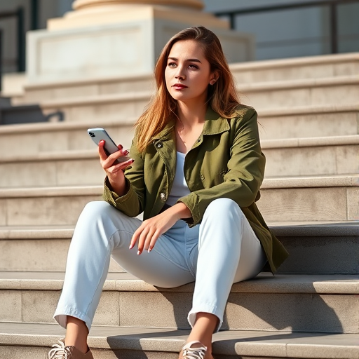 A young woman sitting on steps, casually dressed in an olive green jacket and white pants, holding a phone and cigarette, sunlight casting soft shadows, f/2.8 aperture, 50mm lens, ISO 100, captured with a DSLR camera in natural light for enhanced detail and color vibrancy.