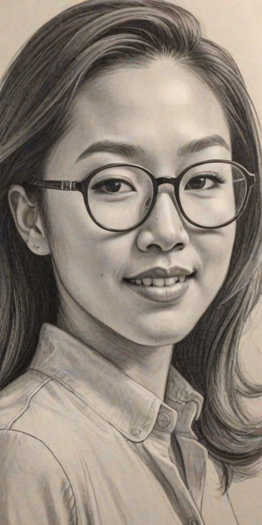 Resplendent Michelle Kwan, pencil sketch, portrait of Fascinating woman 1942s in glasses, hair style beatnik, outline, clear lines, fine lines, 8k