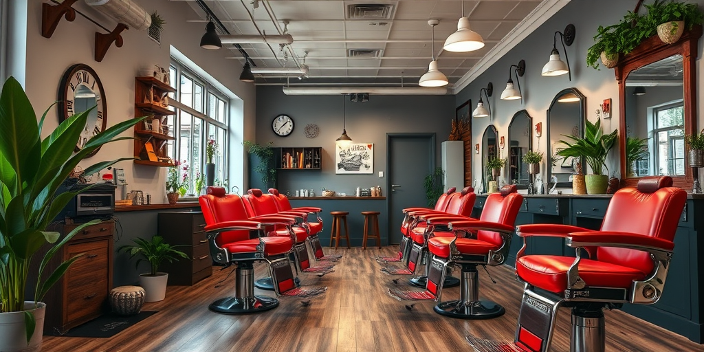Generate a high-quality image of a modern barbershop interior with red barber chairs, vintage decor, and indoor plants, using a DSLR camera with a 35mm lens at f/2.8, ISO 200, and a wide-angle perspective to capture the entire space in a well-lit environment.