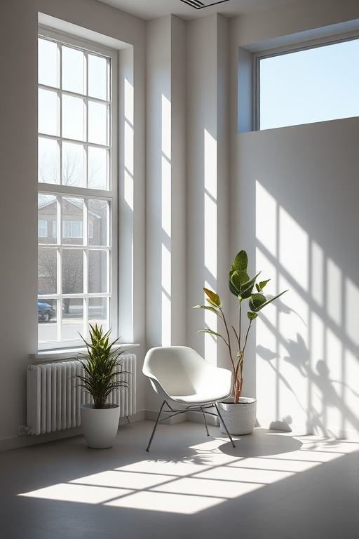 modern minimalist interior design with a neutral color palette, large windows casting shadows, a sleek chair and a potted plant, soft natural lighting, camera settings: f/4, ISO 100, 1/60 sec, camera view: wide angle, camera style: contemporary, camera type: DSLR