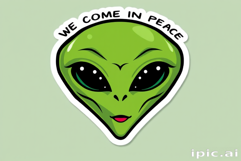 a vinyl sticker design of a cartoon green alien face with the words typed clearly "WE COME IN PEACE" above, bold outline, clear background