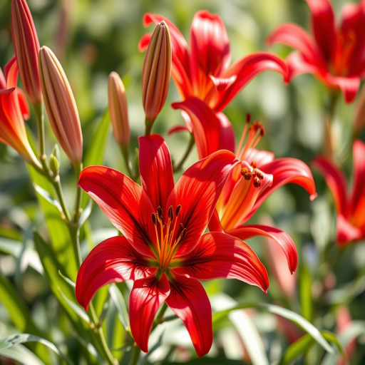 Create a vibrant illustration of red lilies with detailed petals and leaves, shot with a DSLR camera at f/2.8 aperture, 50mm lens, in natural light, focusing on the flowers with a shallow depth of field for a soft background.