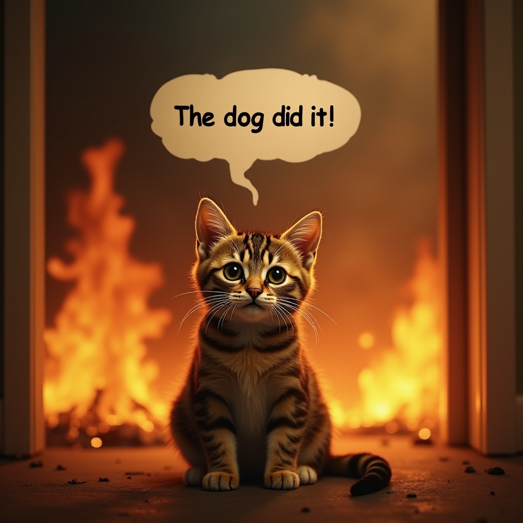 Photorealistic image of an innocent-looking cat sitting calmly in the middle of a burning room. Flames engulf the room, with fire licking up the walls and smoke filling the air. The cat is sitting on the floor, looking directly at the viewer with wide, innocent eyes. Above the cat, a speech bubble says "The dog did it!" The contrast between the cat's calm demeanor and the chaos around it creates a humorous and surreal scene.