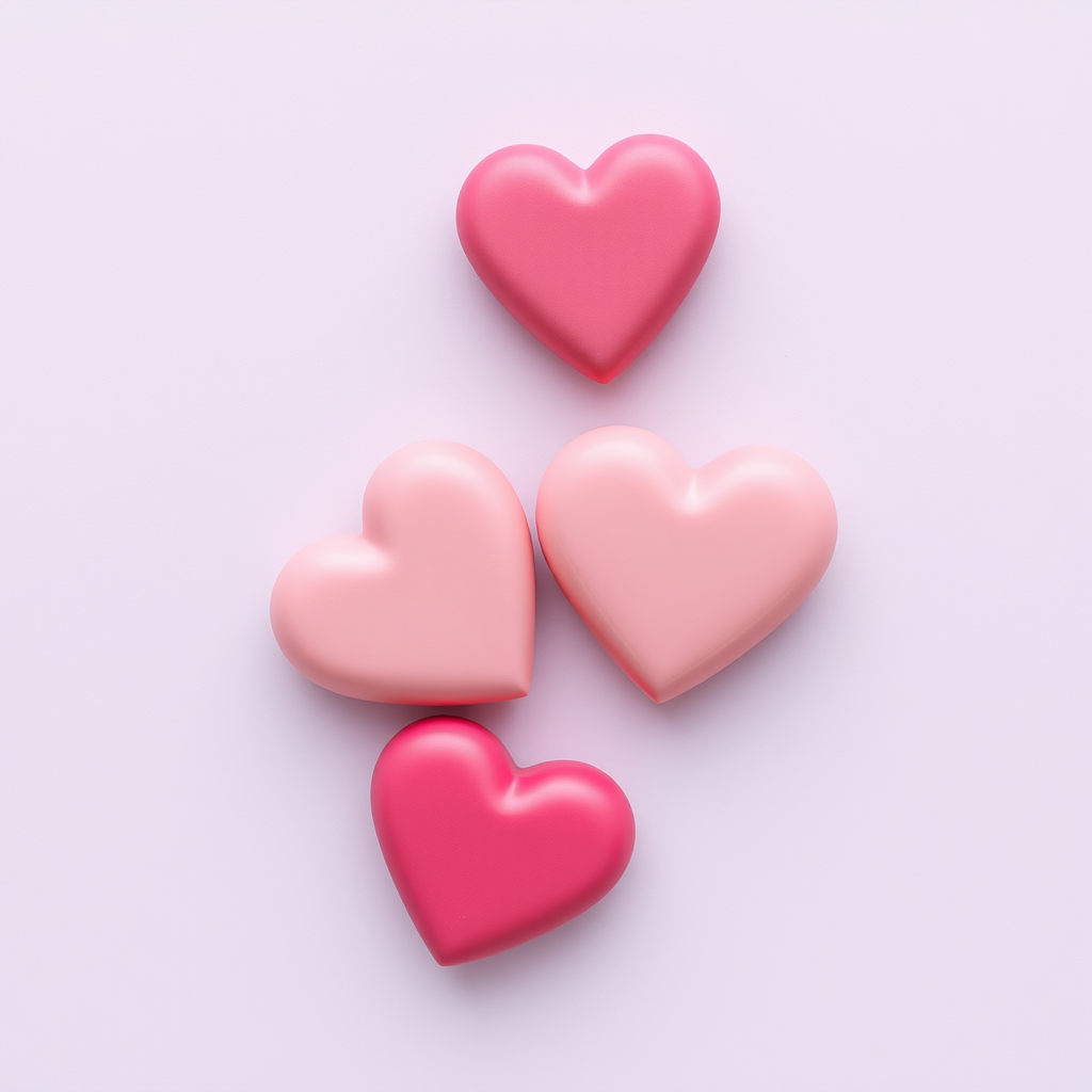 Regenerate the image of four hearts in varying shades of pink, camera settings: ISO 100, f/4, shutter speed 1/60s, camera view: flat lay, camera style: minimalist, camera type: digital SLR.