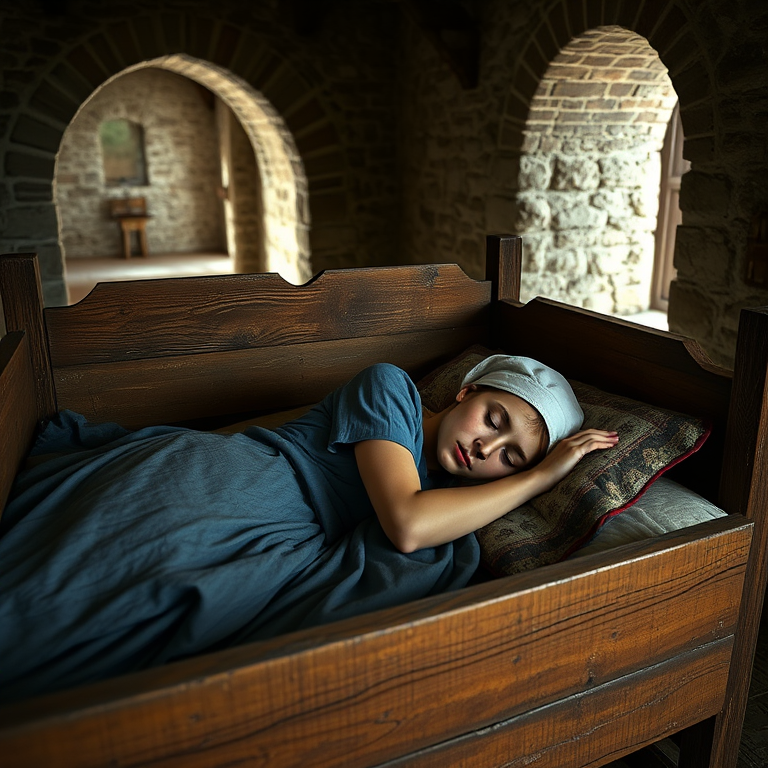 regenerate a medieval scene of a young woman peacefully sleeping in a rustic wooden bed, wearing a blue dress and a white cap, with stone walls and arches in the background, soft natural light illuminating the scene, camera settings: f/2.8, ISO 200, shutter speed 1/60 sec, camera view: close-up, camera style: realistic, camera type: DSLR