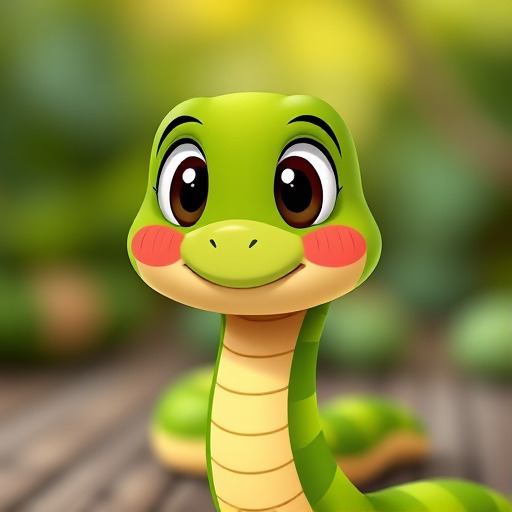 Create a cute cartoon style illustration of a smiling green snake with big eyes and rosy cheeks, shot with a Canon EOS 5D Mark IV, using a 50mm f/1.8 lens, natural lighting, and a shallow depth of field to blur the background.