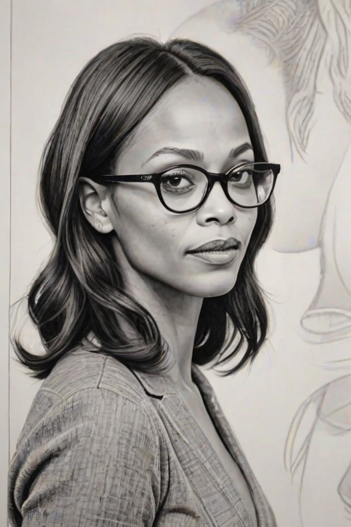 Enticing Zoe Saldana, pencil sketch, portrait of Exquisite woman 1954s in glasses, hair style beatnik, outline, clear lines, fine lines, 8k