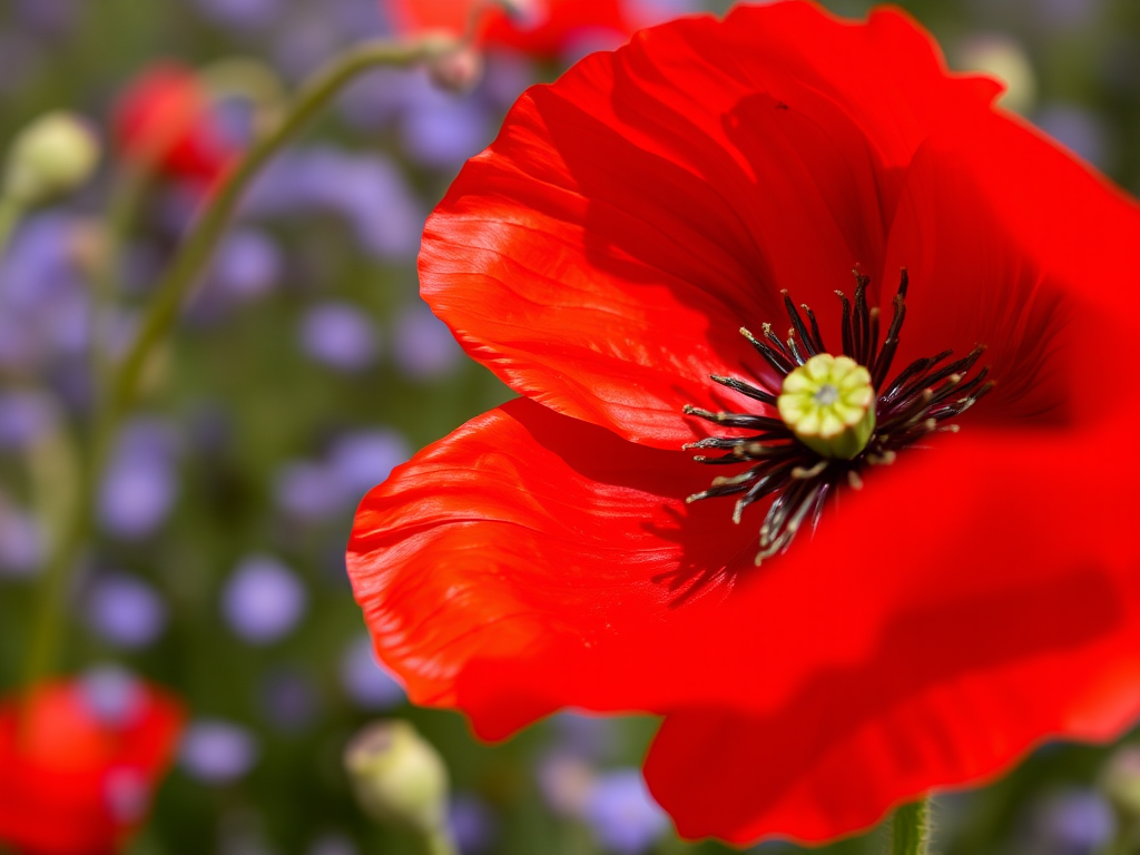 Close-up of a vibrant red poppy flower with a blurred background of tiny blue flowers, shot with a Canon EOS 5D Mark IV, 50mm lens, aperture f/2.8, shutter speed 1/200s, ISO 100, natural light.