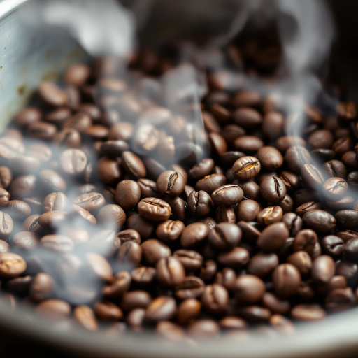 Capture a close-up of coffee beans being roasted in a pan with steam rising, using a Canon EOS R5, 50mm lens, aperture f/1.8, ISO 100, shutter speed 1/200s, natural light, emphasizing texture and movement.