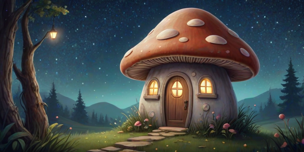 create illustration of a mushroom house with a door and a window, a storybook , fantasy art, mushroom house, bg starry sky, sparkles